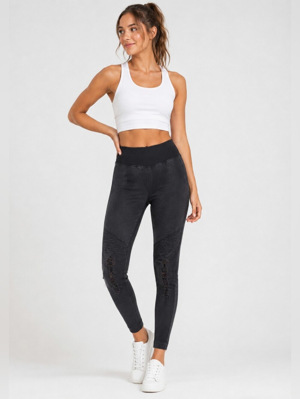 Women’s knit distressed Moto leggings One Size